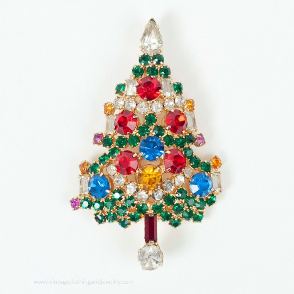 Vintage Weiss Christmas Tree pin with candles and prong set rhinestones. The Chicago Vintage Clothing and Jewelry show is coming in February in Edgewater.