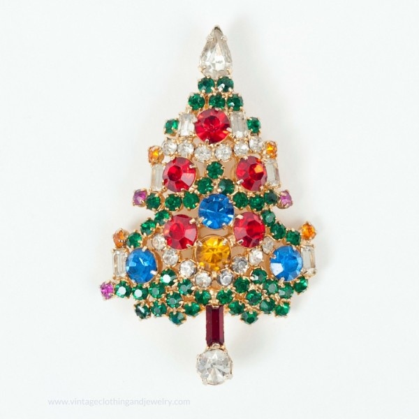 Vintage Weiss Christmas Tree pin with candles and prong set rhinestones.  The Chicago Vintage Clothing and Jewelry show is coming in February in Edgewater. 